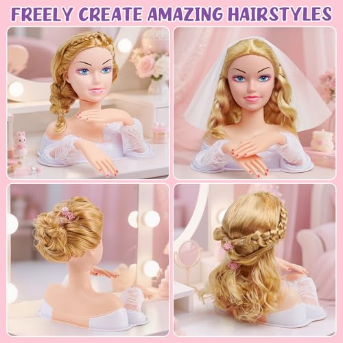 Toylink Doll Head for Hair Styling Kids Makeup Set Blonde Bride Beauty Stylist Pretend Play Toy With Bridal Veil Hairdryer Curling Iron Hair Salon Toy Birthday Gift For Girl 3 4 5 6 7 8 Years Old - Image 5