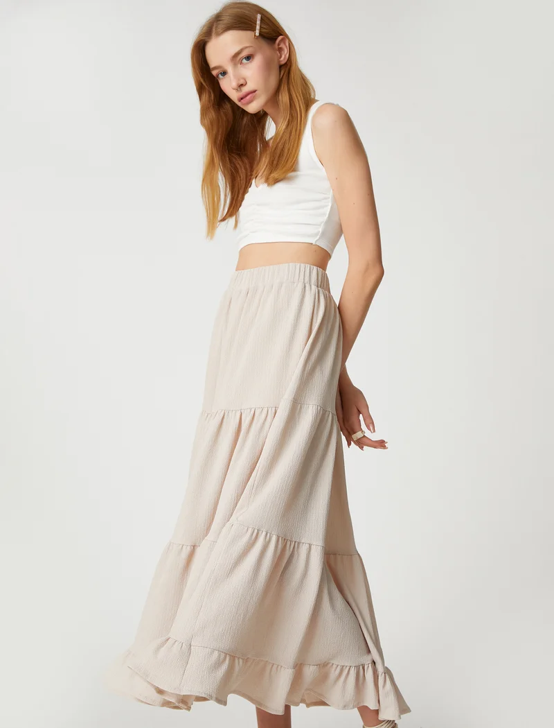 كوتون Maxi Skirt Elastic Waist Voluminous Ruffle