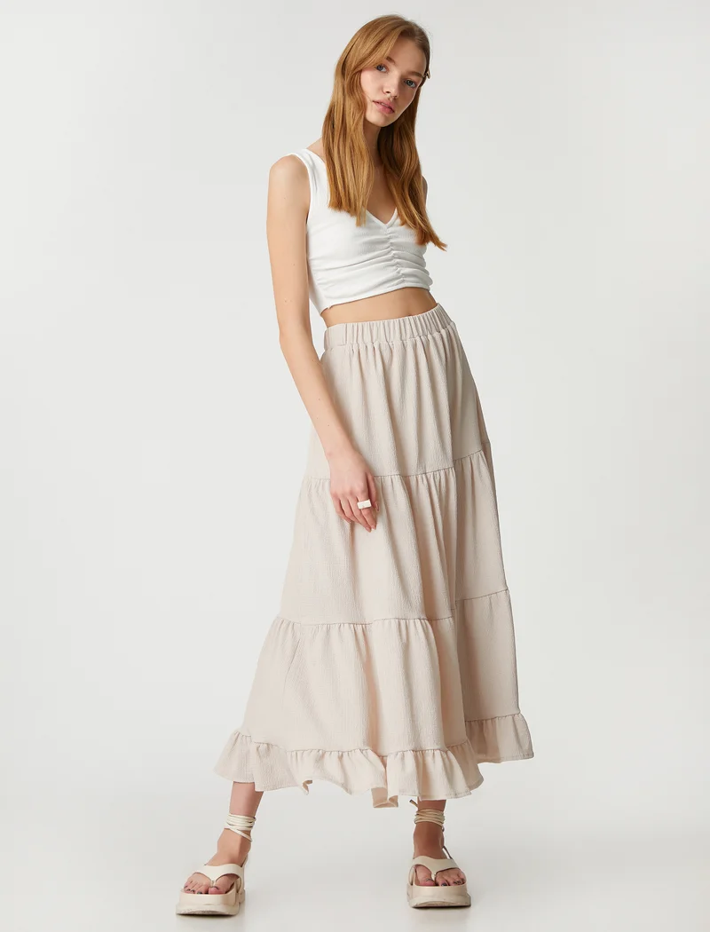 كوتون Maxi Skirt Elastic Waist Voluminous Ruffle