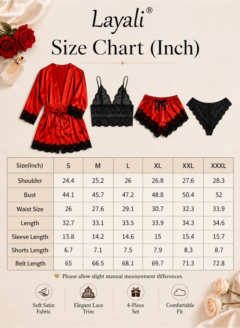Layali 4 Pack Women's Nightwear Set Lace Trimmed Lightweight Silk Satin Sleepwear Pajama Ladies Summer Breathable Home Wearing Clothes Suits (Underwear + Panties + Robe + Shorts) Red and Black - Image 5