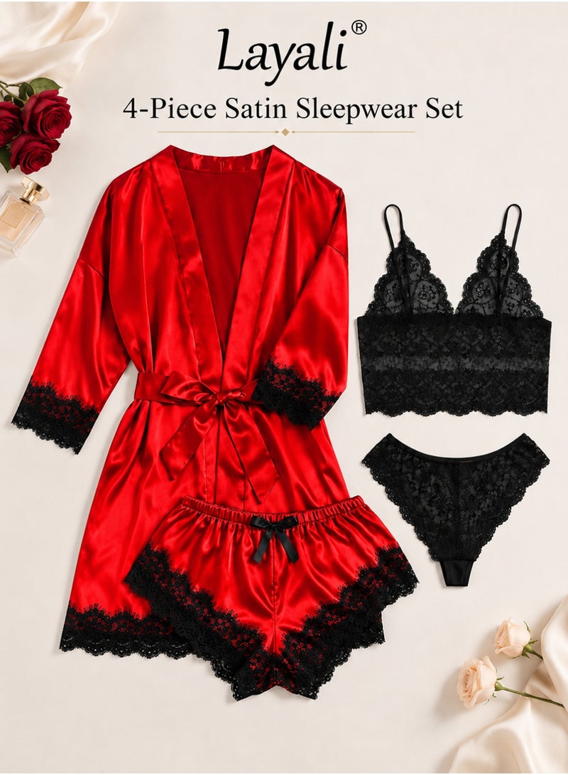 Layali 4 Pack Women's Nightwear Set Lace Trimmed Lightweight Silk Satin Sleepwear Pajama Ladies Summer Breathable Home Wearing Clothes Suits (Underwear + Panties + Robe + Shorts) Red and Black - Image 1