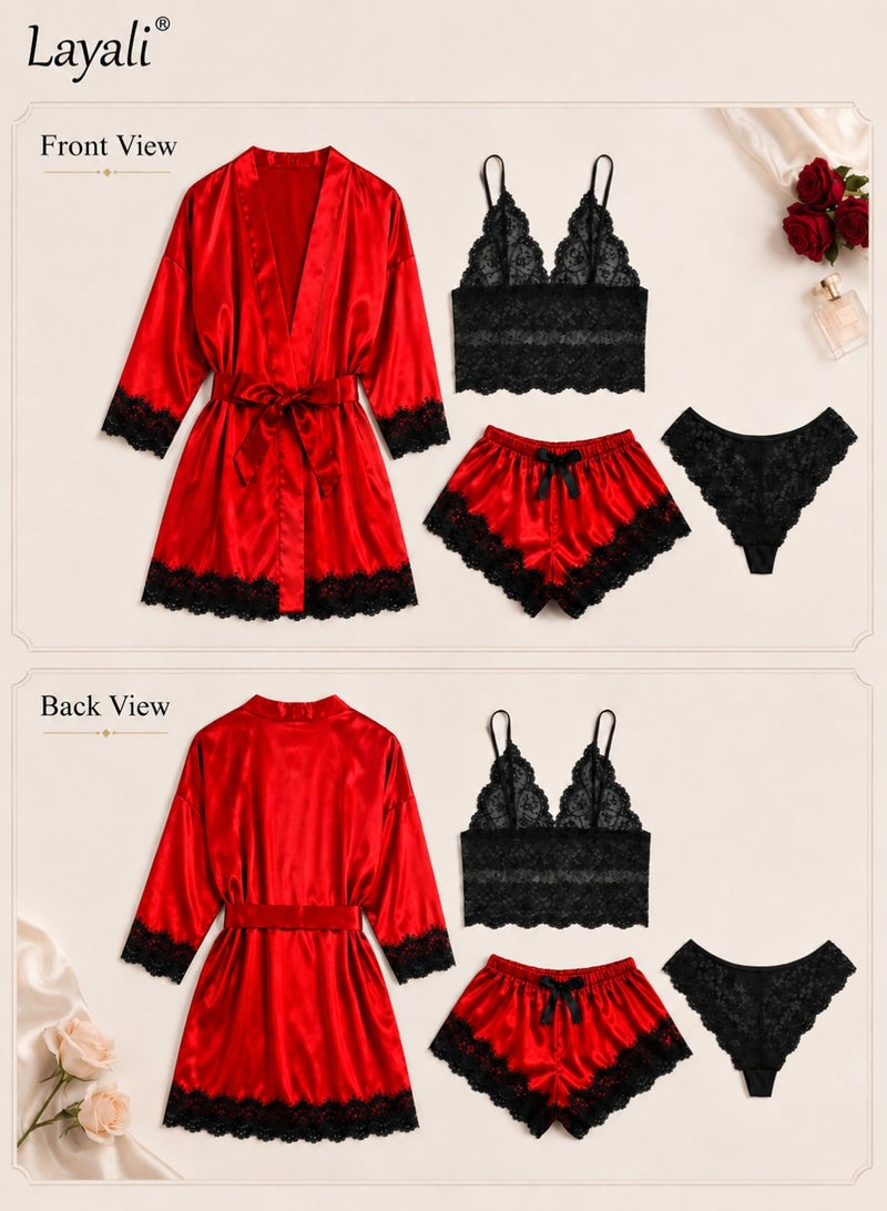Layali 4 Pack Women's Nightwear Set Lace Trimmed Lightweight Silk Satin Sleepwear Pajama Ladies Summer Breathable Home Wearing Clothes Suits (Underwear + Panties + Robe + Shorts) Red and Black - Image 2