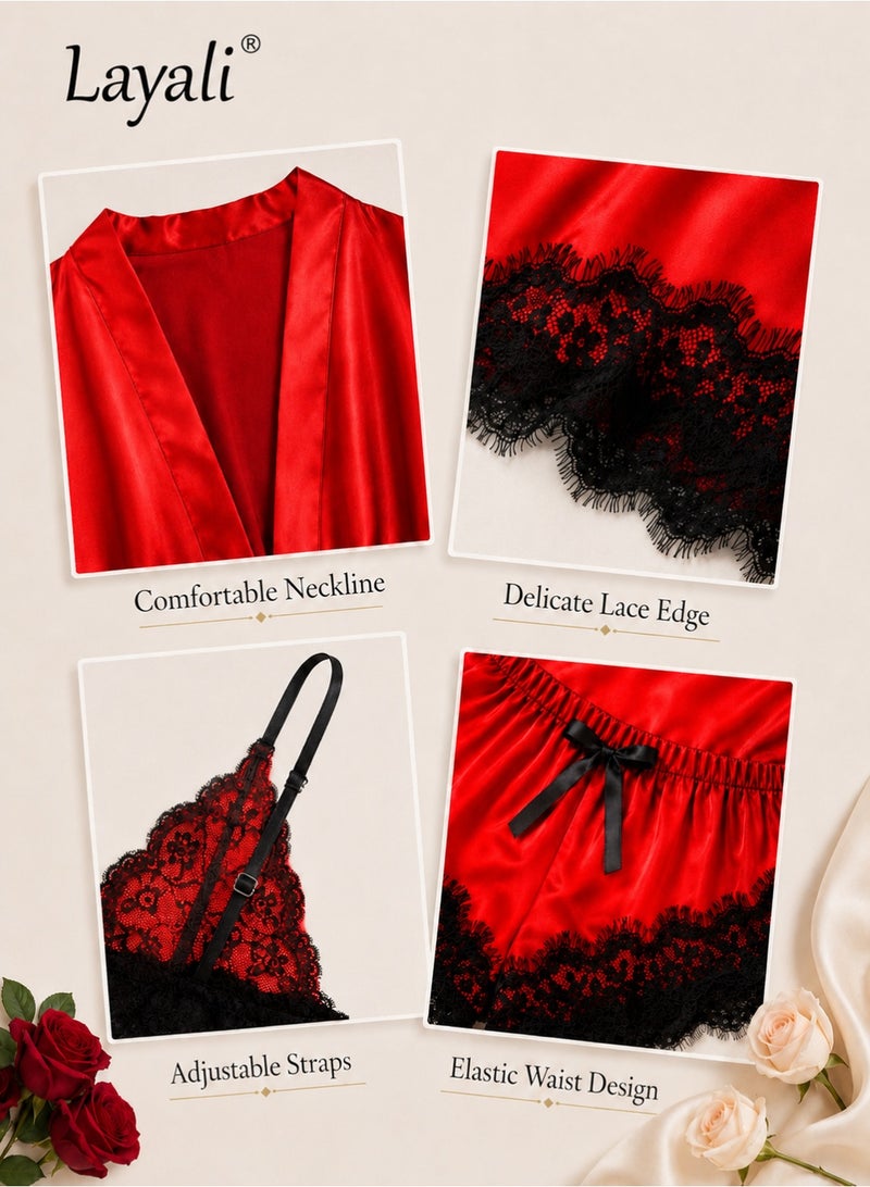 Layali 4 Pack Women's Nightwear Set Lace Trimmed Lightweight Silk Satin Sleepwear Pajama Ladies Summer Breathable Home Wearing Clothes Suits (Underwear + Panties + Robe + Shorts) Red and Black - Image 4