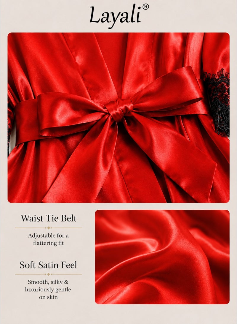 Layali 4 Pack Women's Nightwear Set Lace Trimmed Lightweight Silk Satin Sleepwear Pajama Ladies Summer Breathable Home Wearing Clothes Suits (Underwear + Panties + Robe + Shorts) Red and Black - Image 3