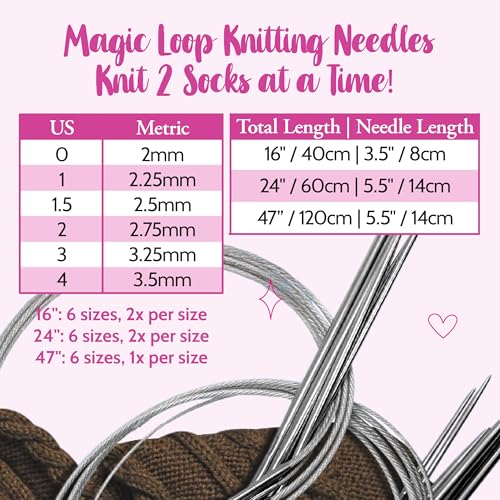 KnitPal 47-in(120cm) Stainless Steel Circular Knitting Needles Set - Magic Loop Sock Knitting Needles - 6 US Sizes: 0/2mm, 1/2.25mm, 1.5/2.5mm, 2/2.75mm, 3/3.25mm, 4/3.5mm - Free Patterns & eBook - Image 3