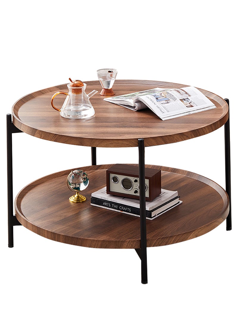 Sharpdo Multifunctional Double-Layer Living Room Sofa Round Table Side Table Walnut Color Waterproof Panel 80*80*50CM - Image 1