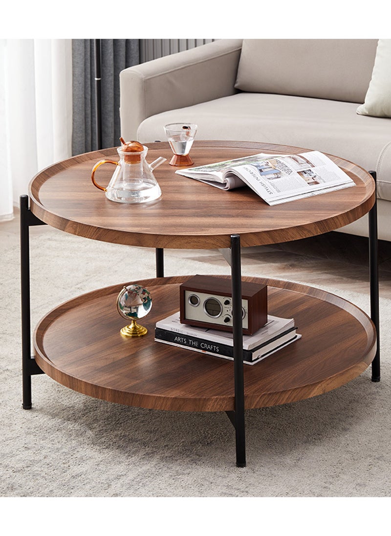 Sharpdo Multifunctional Double-Layer Living Room Sofa Round Table Side Table Walnut Color Waterproof Panel 80*80*50CM - Image 2