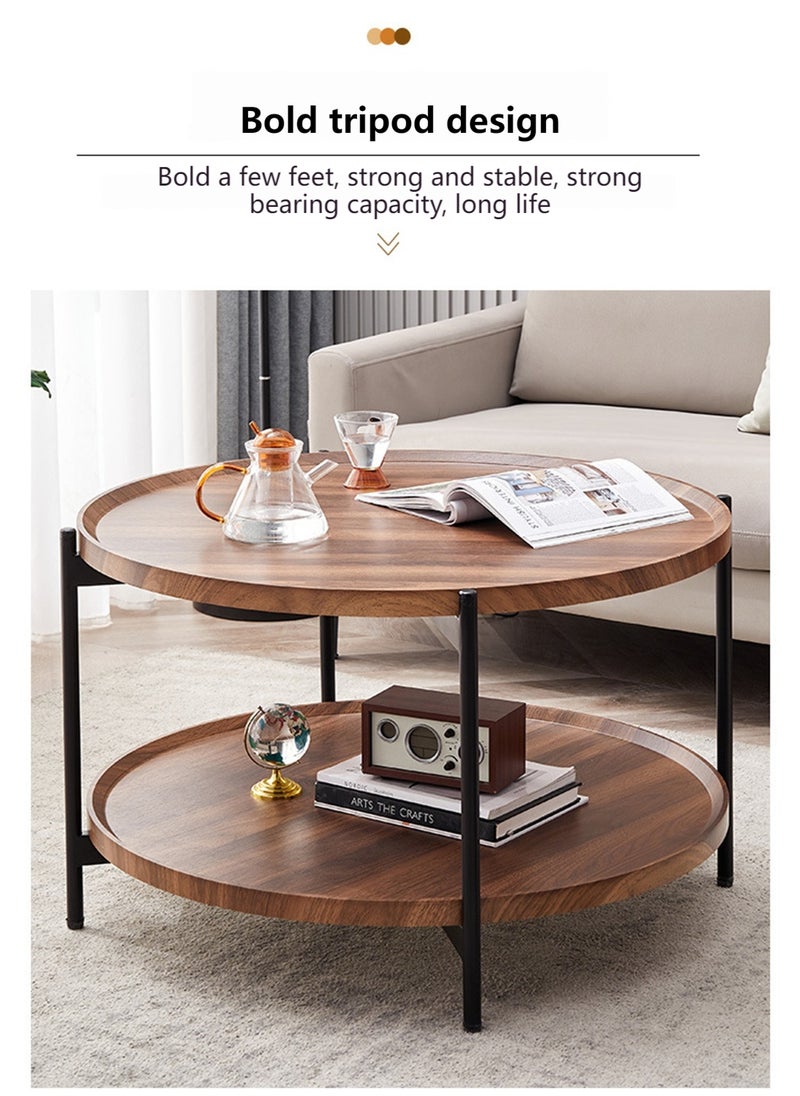 Sharpdo Multifunctional Double-Layer Living Room Sofa Round Table Side Table Walnut Color Waterproof Panel 80*80*50CM - Image 3