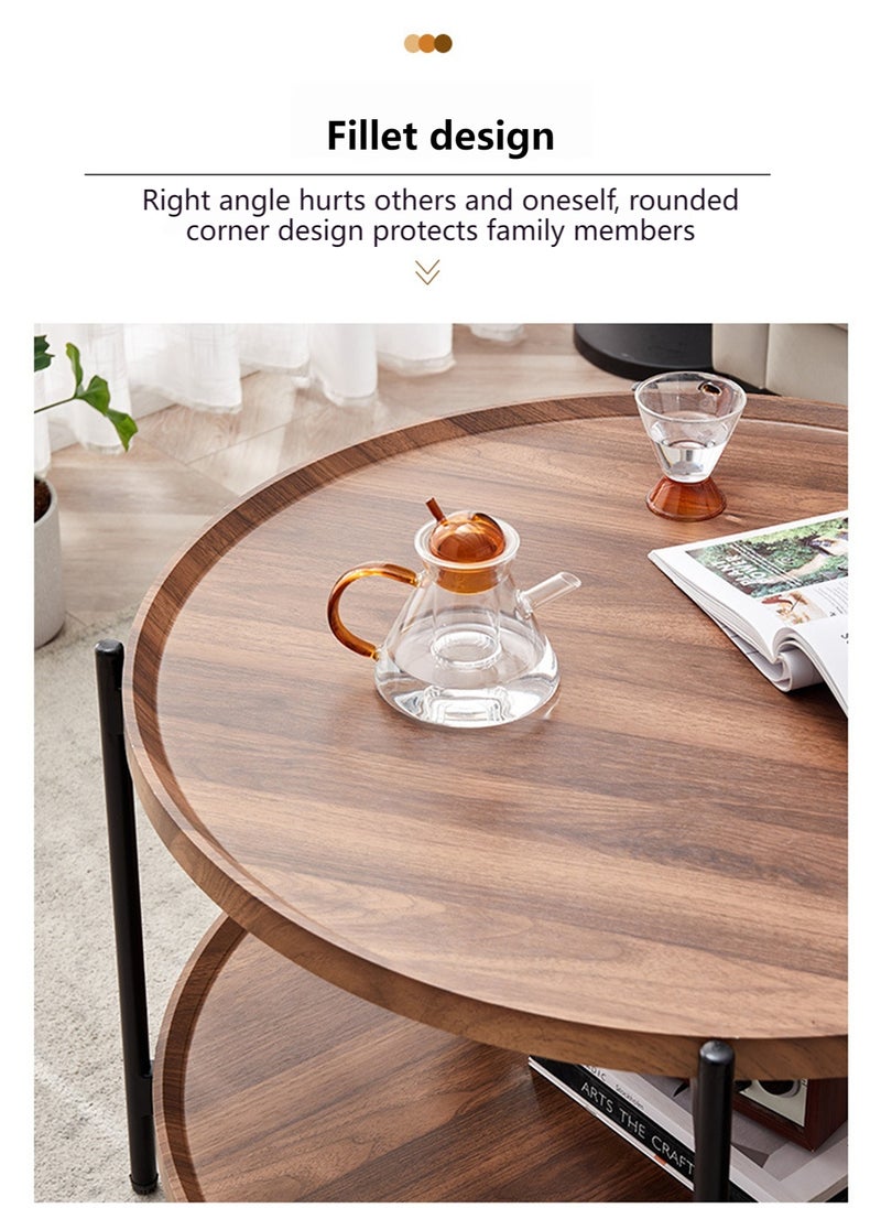 Sharpdo Multifunctional Double-Layer Living Room Sofa Round Table Side Table Walnut Color Waterproof Panel 80*80*50CM - Image 4