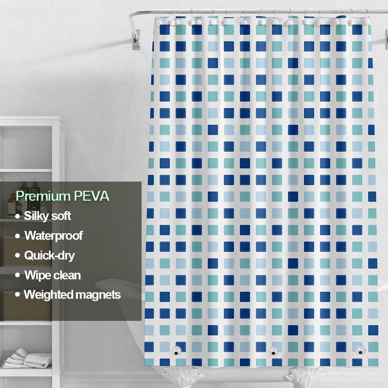 Myratts Plastic Shower Liner - Premium PEVA 4G Shower Curtain Liner with Rustproof Grommets and 3 Weighted Magnets, Waterproof Shower Curtains for Bathroom (Blue-Green Square, 72" x 72") - Image 2