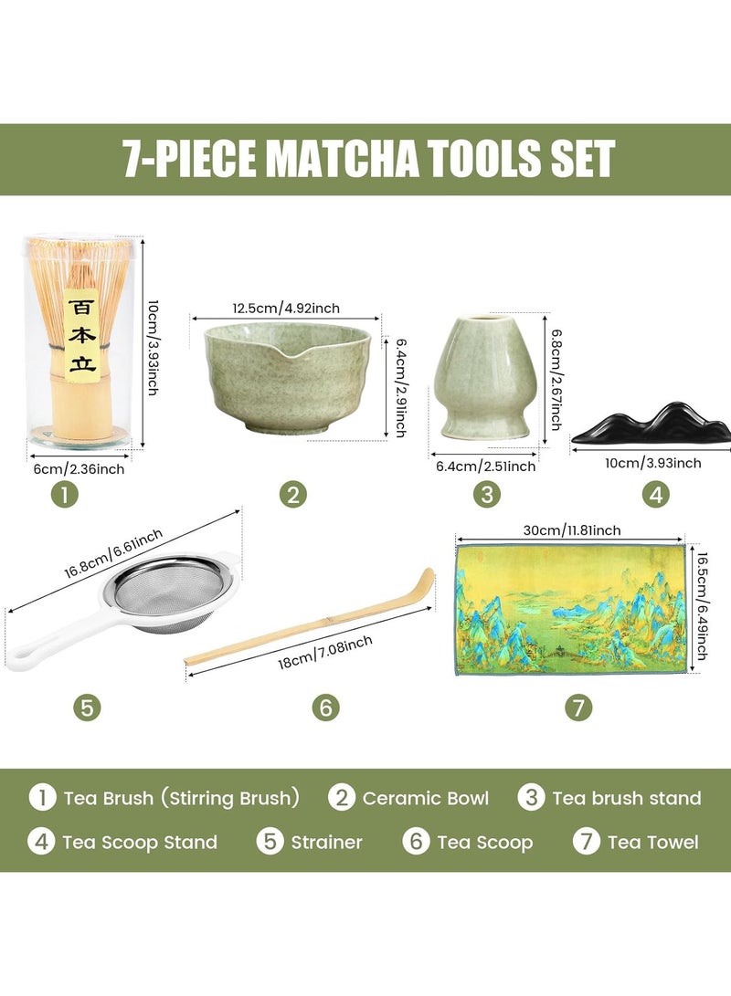 KINGMAZI Matcha Set -Matcha Whisk and Bowl Set, 7pcs Matcha Kit Tea Set include Bamboo Whisk, Matcha Bowl, Scoop & Whisk with Holder, Sifter, Towel for Matcha Making Starter Kit Gift (Green) - Image 2