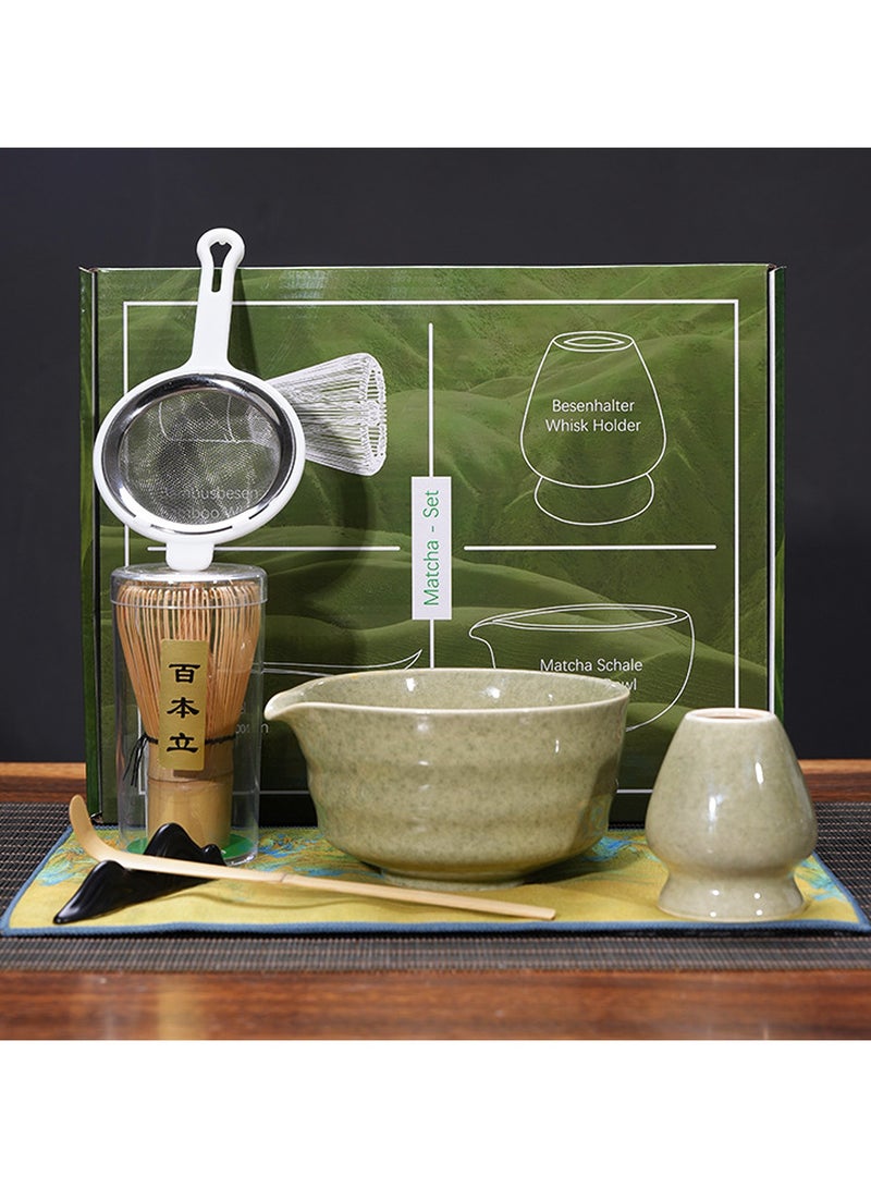 KINGMAZI Matcha Set -Matcha Whisk and Bowl Set, 7pcs Matcha Kit Tea Set include Bamboo Whisk, Matcha Bowl, Scoop & Whisk with Holder, Sifter, Towel for Matcha Making Starter Kit Gift (Green) - Image 1