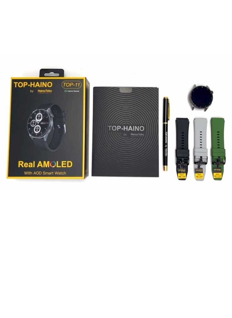 Haino Teko - Smart Watch TOP-11 Round Real AMOLED screen With Three Pairs Of Straps And Wireless Charger with Pen and Note book - Image 1