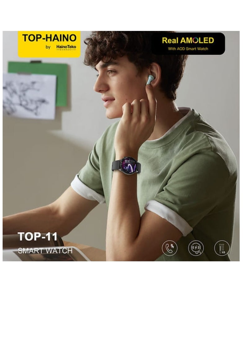 Haino Teko - Smart Watch TOP-11 Round Real AMOLED screen With Three Pairs Of Straps And Wireless Charger with Pen and Note book - Image 1