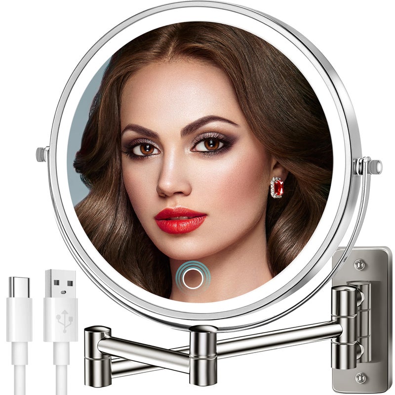 9 Large 15X Rechargeable Wall Mounted Lighted Makeup Mirror Nickel 5000mAh HD Magnifying Mirror with 3 Color Bright Lights Touch Screen Dimmable 17 Extendable 360 Swivel Bathroom Vanity Mirror