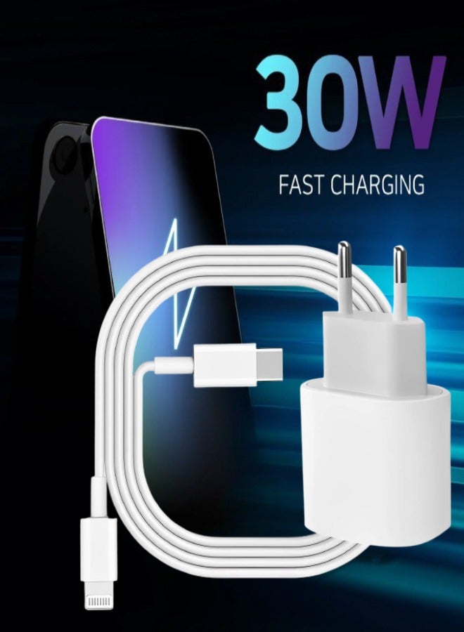 30W Fast Charger + Type-C to Lightning Data Cable Compatible with All iPhone 14/iPhone 13/13 mini/13 Pro/12/12 Pro Max/12 mini/11/11 Pro/11 Pro Max/XS Max/XS/X/XR/8 Plus/8, iPad Pro/iPad Air/iPad, AirPods Pro. Non-PD Charging for iPhone 7/7 Plus/6/6 Plus/6S/6S Plus/5/5s/5c/5s, iPad 4/5, iPad Air 2, iPad mini 4/3/2, iPod, iPod - White  - Image 1