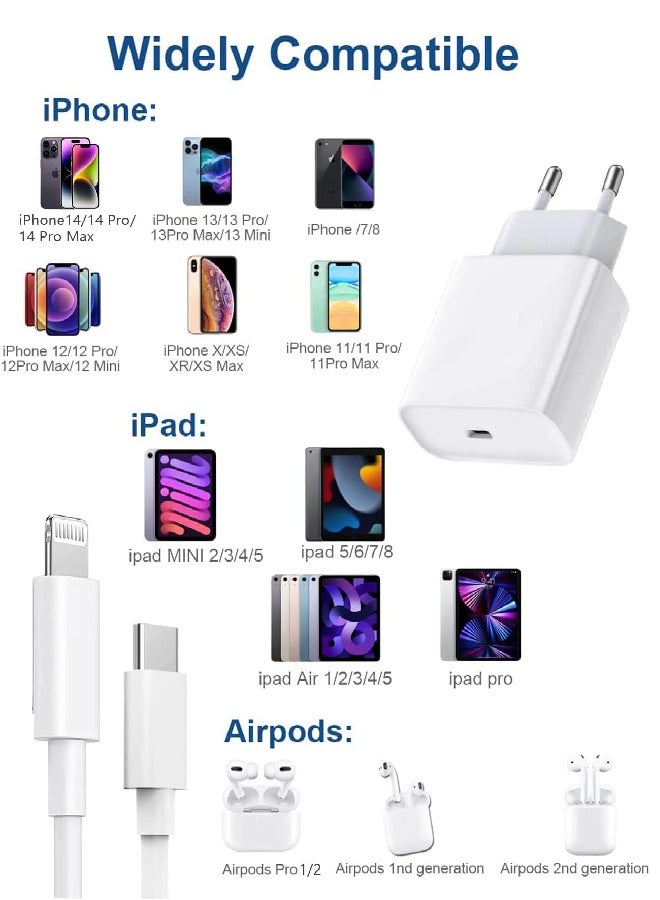 30W Fast Charger + Type-C to Lightning Data Cable Compatible with All iPhone 14/iPhone 13/13 mini/13 Pro/12/12 Pro Max/12 mini/11/11 Pro/11 Pro Max/XS Max/XS/X/XR/8 Plus/8, iPad Pro/iPad Air/iPad, AirPods Pro. Non-PD Charging for iPhone 7/7 Plus/6/6 Plus/6S/6S Plus/5/5s/5c/5s, iPad 4/5, iPad Air 2, iPad mini 4/3/2, iPod, iPod - White  - Image 2