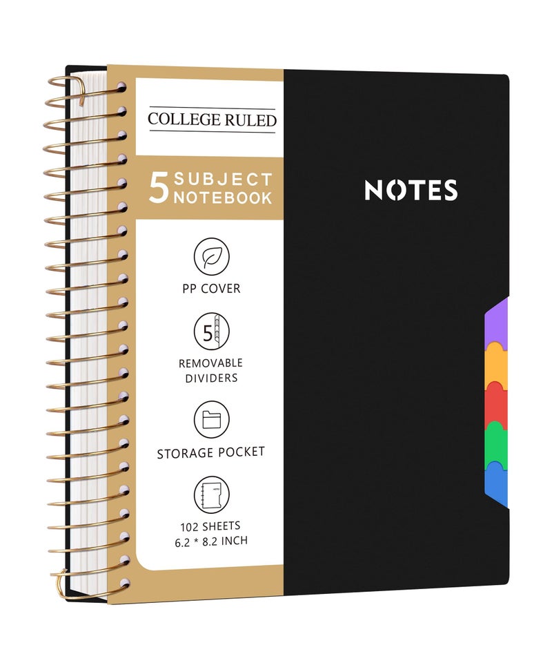 CAGIE 5 Subject Notebook College Ruled with Removable Tabs, Lined Spiral Journals Notebook for Women Men Writing, Notebooks for Work Note Taking School Supplies, A5 - Black - Image 1