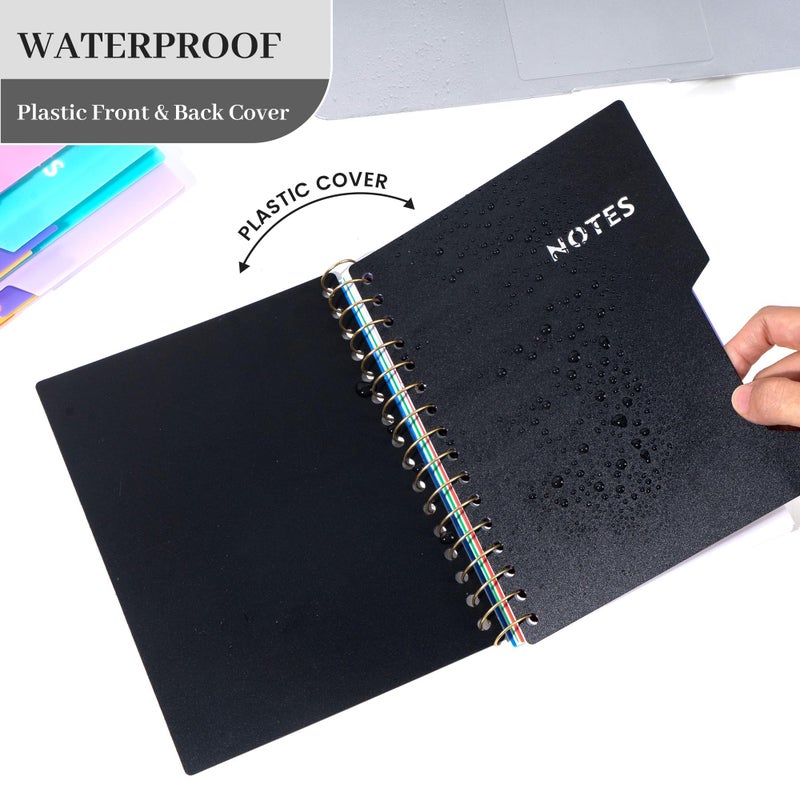 CAGIE 5 Subject Notebook College Ruled with Removable Tabs, Lined Spiral Journals Notebook for Women Men Writing, Notebooks for Work Note Taking School Supplies, A5 - Black - Image 4