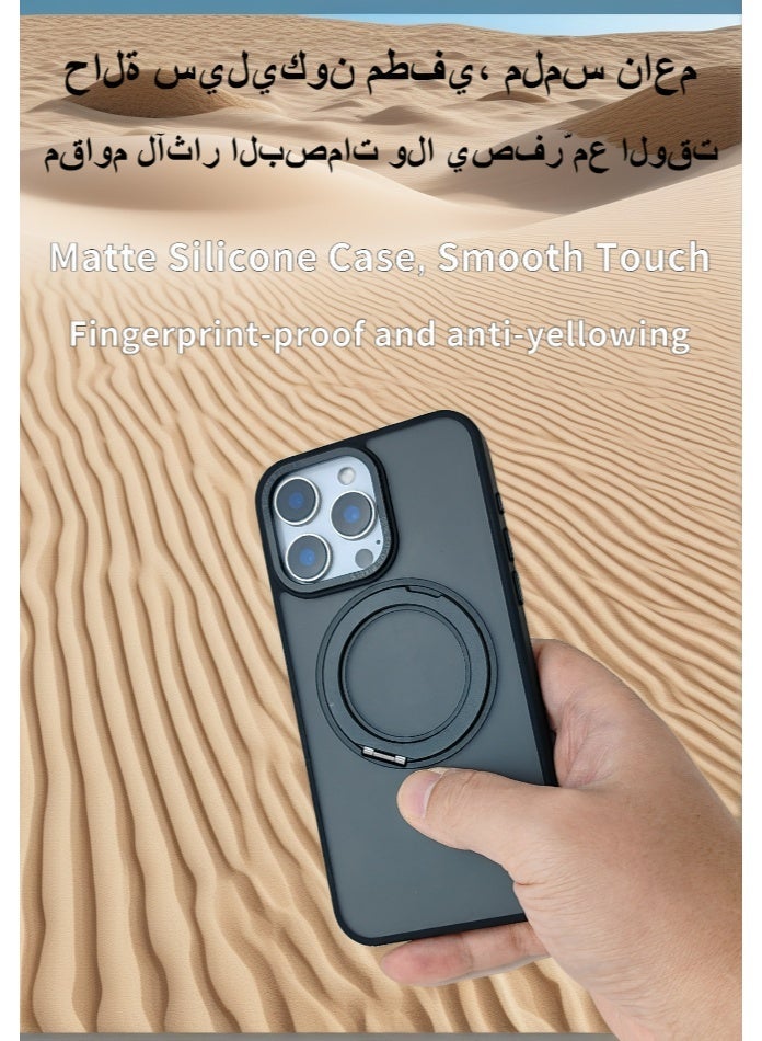 غلاف هاتف مصمم خصيصًا لجهاز آيفون 15 برو ماكس: غلاف سيليكون بملمس مات، مقاوم للاصفرار، متوافق مع MagSafe، مزود بحامل دوّار، مقاوم للسقوط والصدمات، خفيف الوزن، أسود. - Image 2