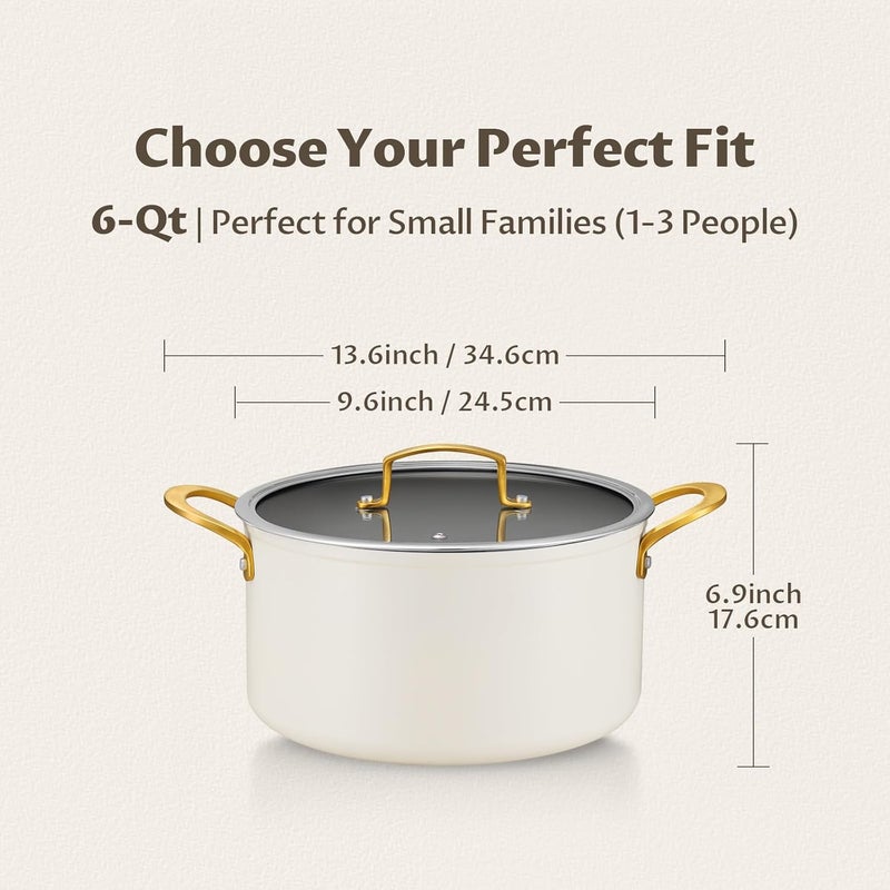 BEZIA 6 Quart Stock Pot with Lid, Ceramic Nonstick Cooking Pot, Soup Pot with Stainless Steel Handle, Tempered Glass Lid, Induction Compatible for Pasta, Soup, Spaghetti, Dishwasher Safe, Cream - Image 2