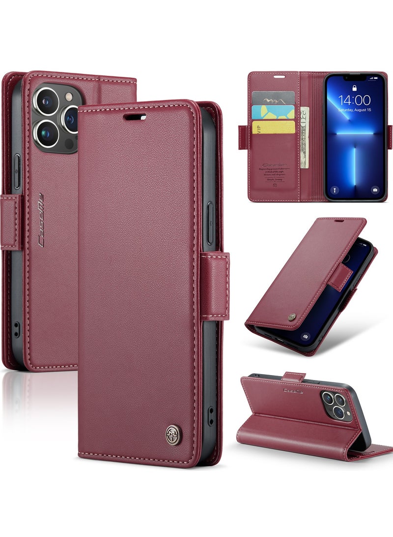 Burgundy Leather Flip Folio Wallet Case with RFID Blocking for iPhone 13 Pro 6.1 - Protective Cover with Strong Magnetic Closure, Credit Card Holder, and Kickstand - Suitable for Men and Women - Image 1