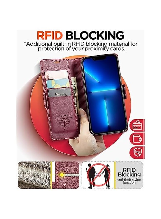 Burgundy Leather Flip Folio Wallet Case with RFID Blocking for iPhone 13 Pro 6.1 - Protective Cover with Strong Magnetic Closure, Credit Card Holder, and Kickstand - Suitable for Men and Women - Image 3