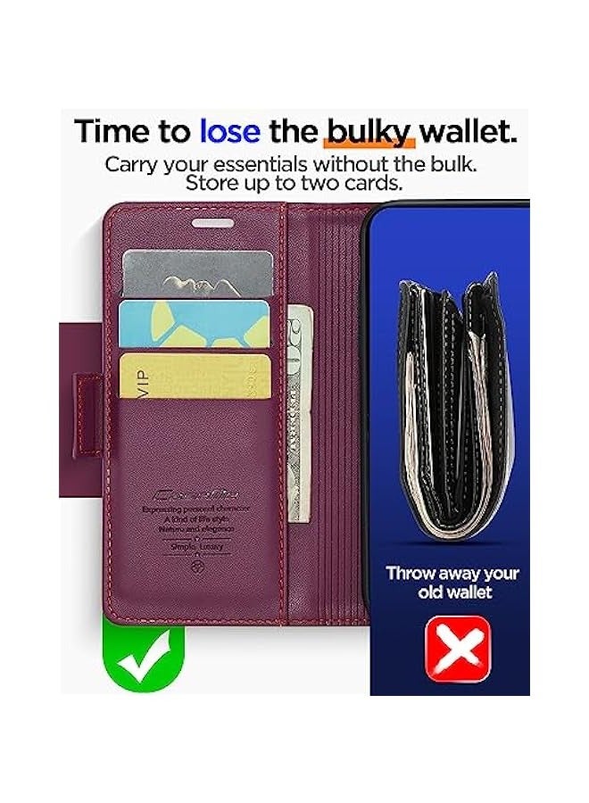 Burgundy Leather Flip Folio Wallet Case with RFID Blocking for iPhone 13 Pro 6.1 - Protective Cover with Strong Magnetic Closure, Credit Card Holder, and Kickstand - Suitable for Men and Women - Image 2