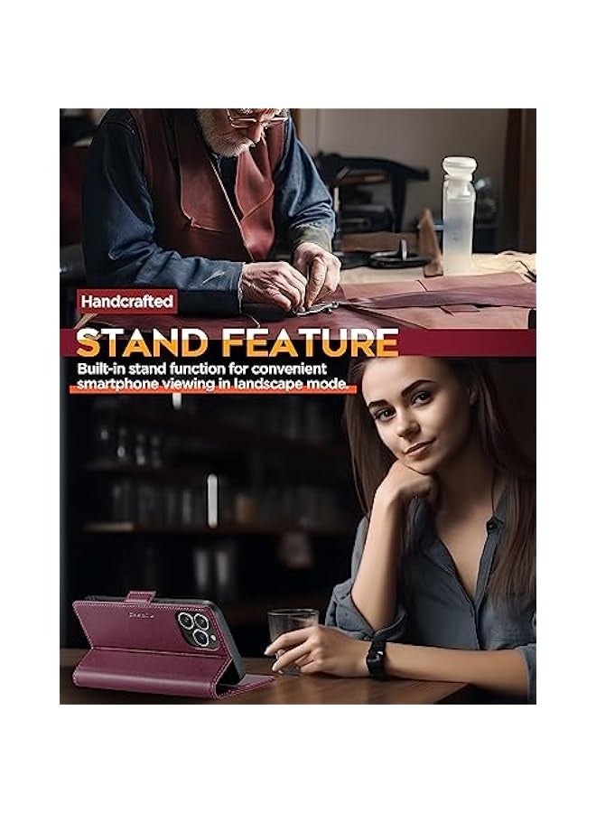 Burgundy Leather Flip Folio Wallet Case with RFID Blocking for iPhone 13 Pro 6.1 - Protective Cover with Strong Magnetic Closure, Credit Card Holder, and Kickstand - Suitable for Men and Women - Image 5