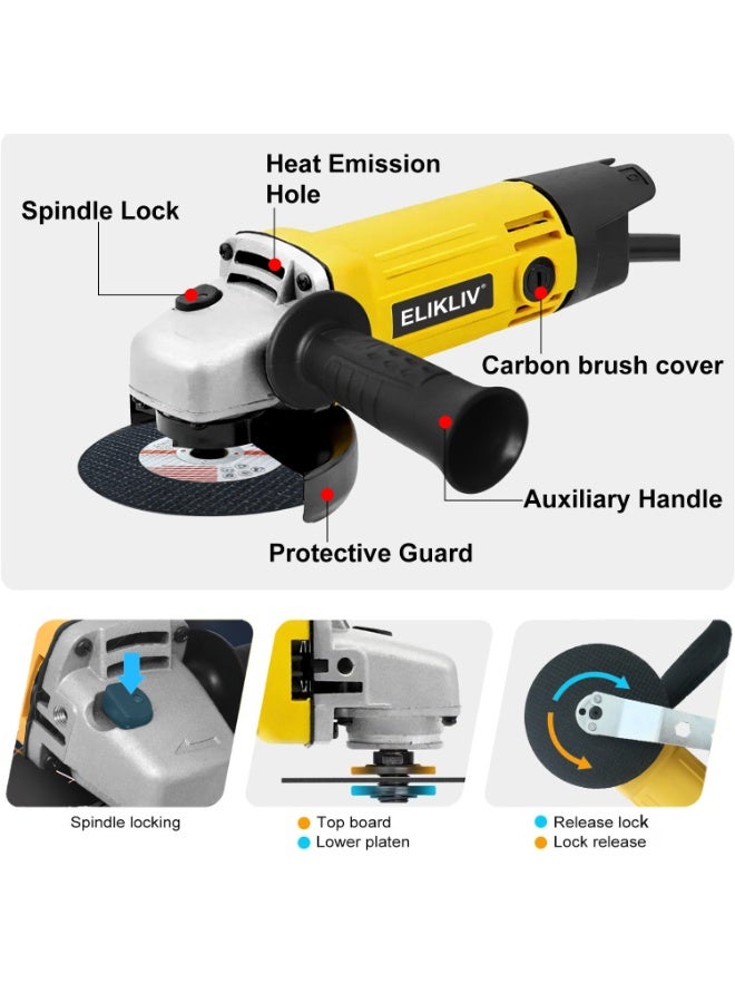ELIKLIV 115mm Electric Angle Grinder Kit with Multiple Accessories (Cut, Grind, Polish),  Ideal for Various Metal and Wood Projects - Image 2