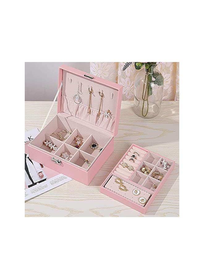 IAF Box Organizer 2-Layer Jewelry Box PU Leather Jewelry Display Storage Case Gift for Women Girls (Pink) - Image 2