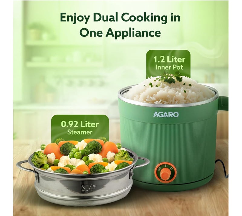 AGARO Regency Multi Cook Kettle With Steamer, 1.2L Inner Pot, Double Layered Body, Variable Temperature Settings, Wide Mouth, Boiling, Steaming, Tea, Coffee, Egg, Vegetable Boiling, 600W, Sea Green - Image 2