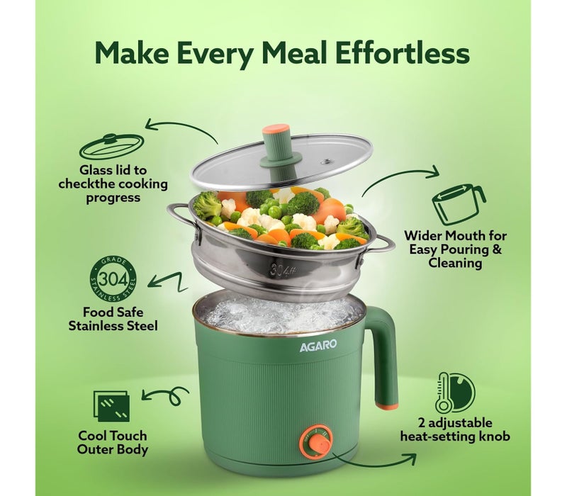 AGARO Regency Multi Cook Kettle With Steamer, 1.2L Inner Pot, Double Layered Body, Variable Temperature Settings, Wide Mouth, Boiling, Steaming, Tea, Coffee, Egg, Vegetable Boiling, 600W, Sea Green - Image 3