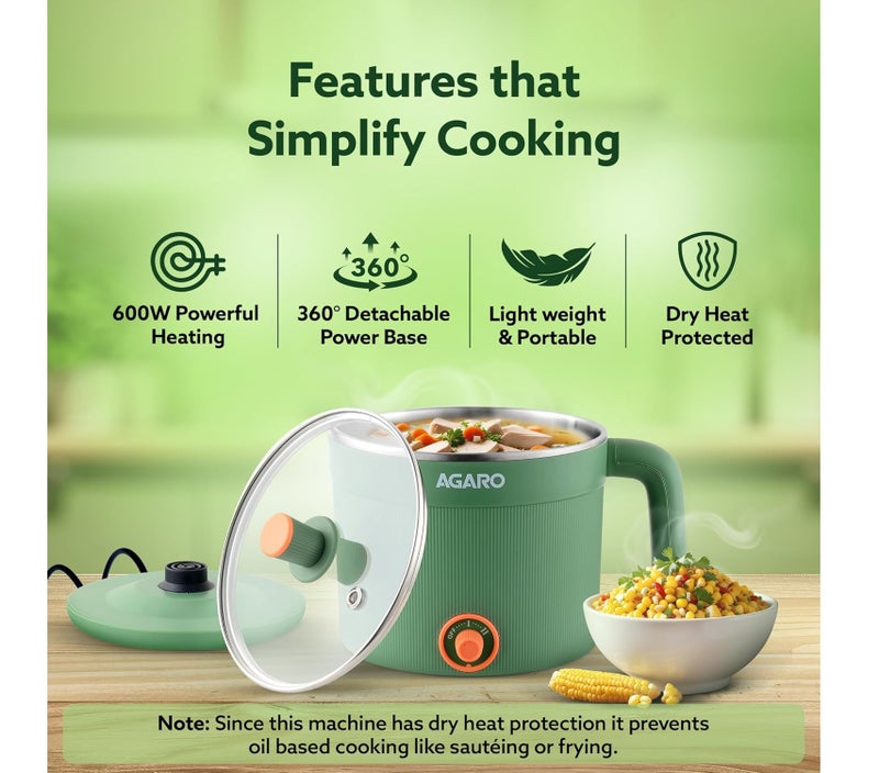 AGARO Regency Multi Cook Kettle With Steamer, 1.2L Inner Pot, Double Layered Body, Variable Temperature Settings, Wide Mouth, Boiling, Steaming, Tea, Coffee, Egg, Vegetable Boiling, 600W, Sea Green - Image 4