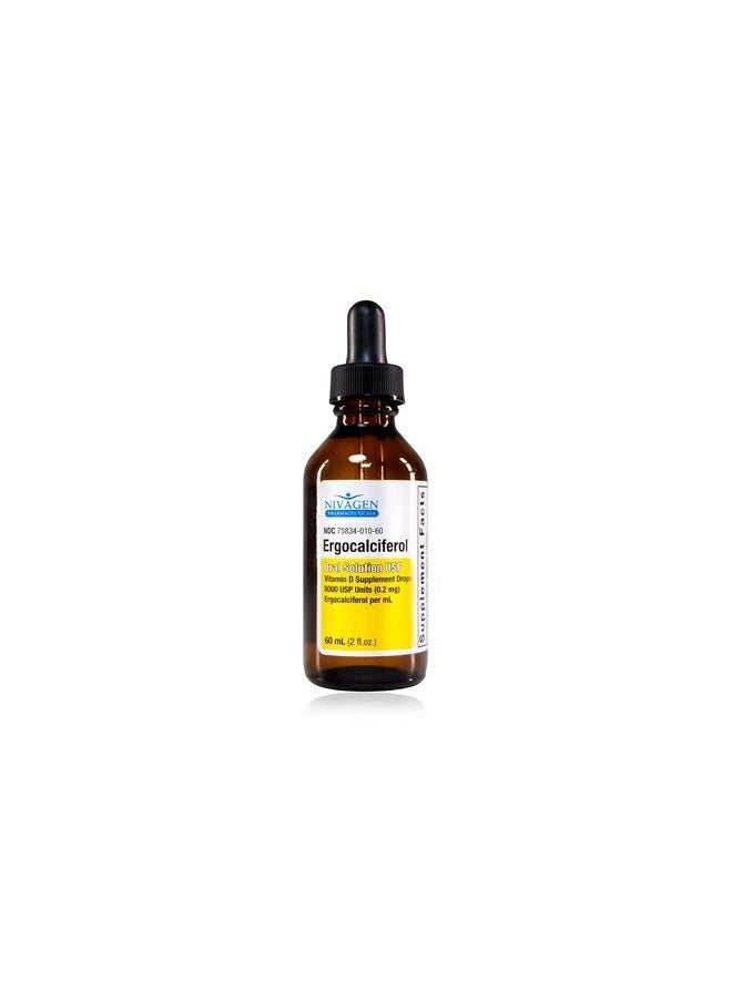 Nivagen - Vitamin D2 Liquid Drops as Ergocalciferol, Faster Absorption, 400iu Vitamin D2 8,000 USP, 1,200 Servings, 60ml - 2 fl.oz. - Image 1