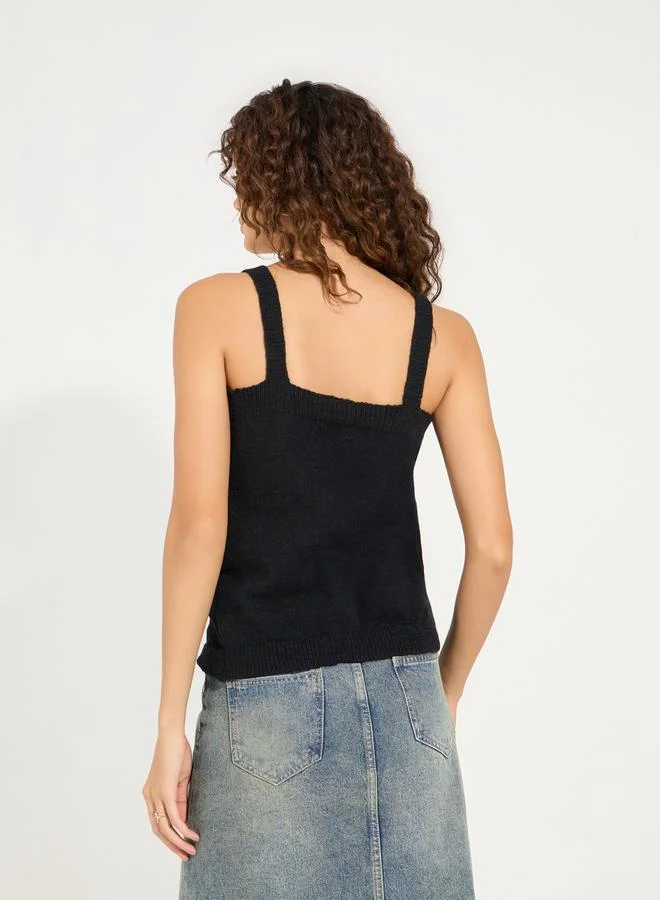 Styli Flat Knit Cami Top with Front Button Detail