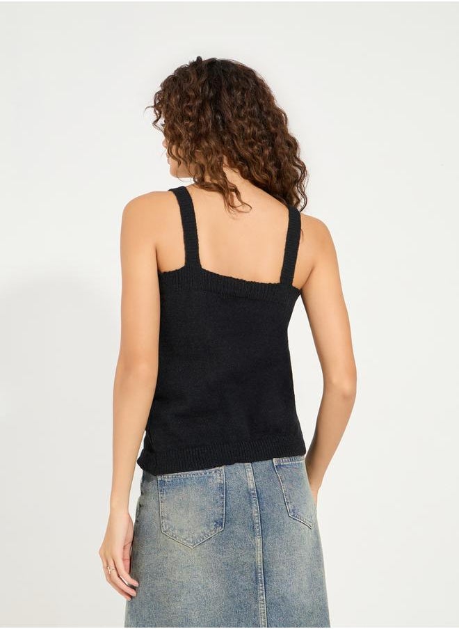 Flat Knit Cami Top with Front Button Detail