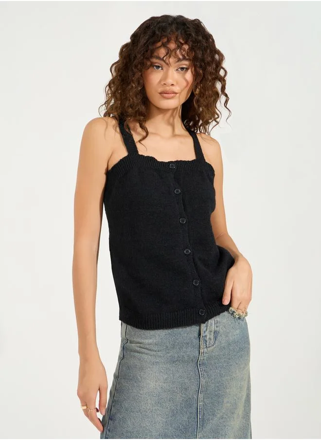 Styli Flat Knit Cami Top with Front Button Detail