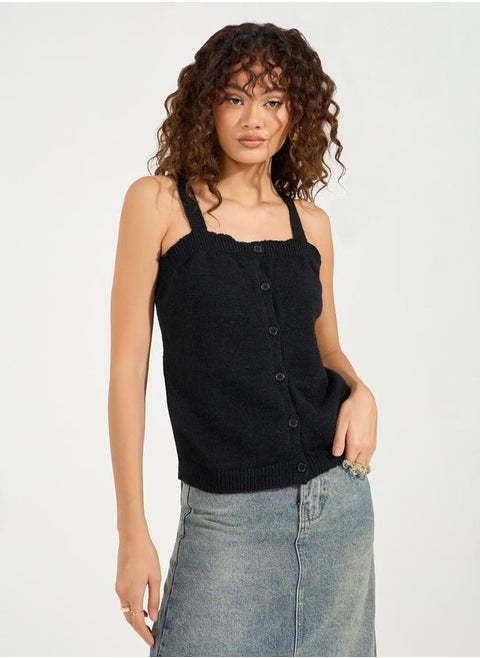 Flat Knit Cami Top with Front Button Detail