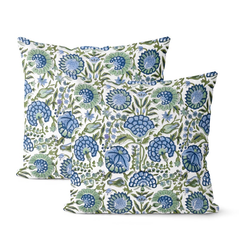 GOLIANDA Boho Navy Blue Pillow Covers 18x18 Inch Set of 2 Sage Green Floral Decor Throw Pillows Vintage Flower Summer Outdoor Farmhouse Decoration Pillowcase Cotton Cushion Cover for Couch Sofa Bed - Image 1