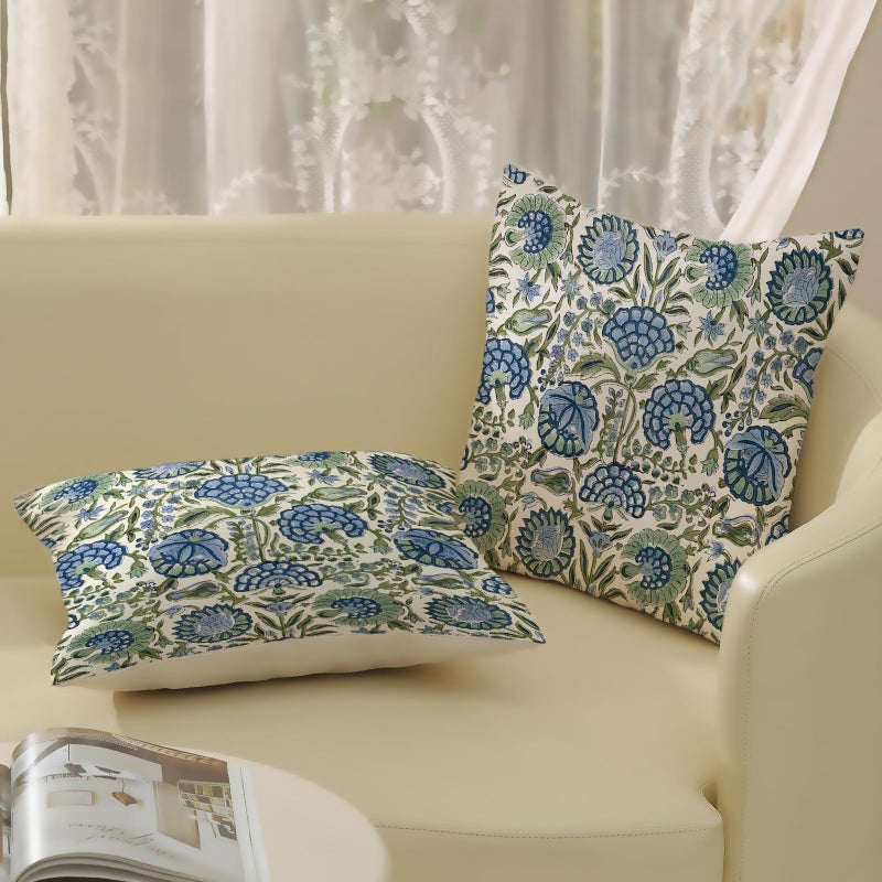 GOLIANDA Boho Navy Blue Pillow Covers 18x18 Inch Set of 2 Sage Green Floral Decor Throw Pillows Vintage Flower Summer Outdoor Farmhouse Decoration Pillowcase Cotton Cushion Cover for Couch Sofa Bed - Image 4