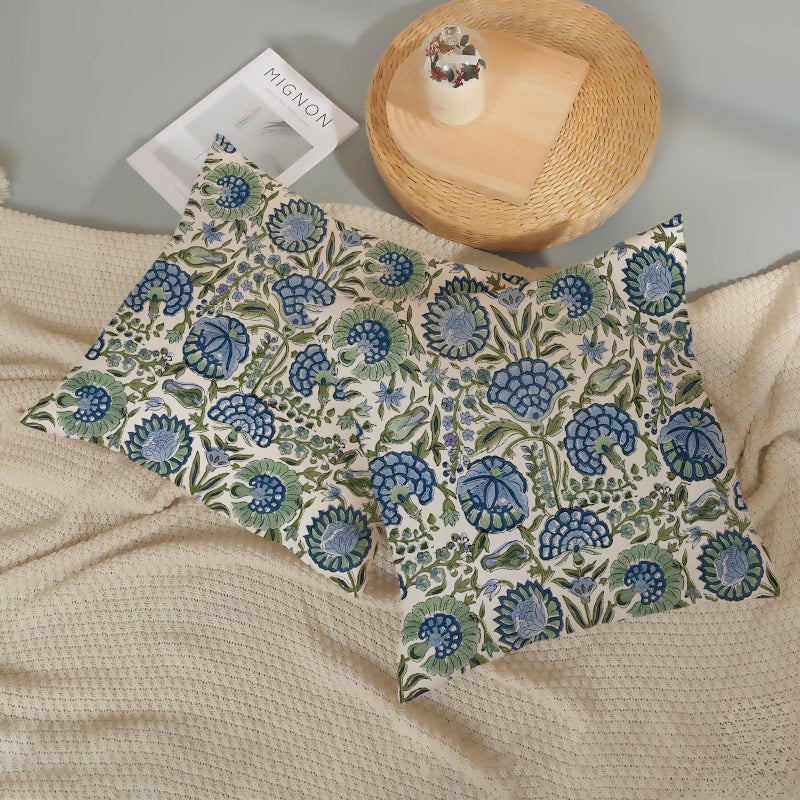 GOLIANDA Boho Navy Blue Pillow Covers 18x18 Inch Set of 2 Sage Green Floral Decor Throw Pillows Vintage Flower Summer Outdoor Farmhouse Decoration Pillowcase Cotton Cushion Cover for Couch Sofa Bed - Image 5