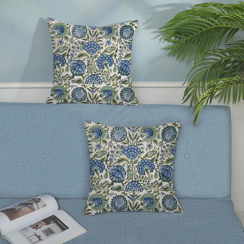 GOLIANDA Boho Navy Blue Pillow Covers 18x18 Inch Set of 2 Sage Green Floral Decor Throw Pillows Vintage Flower Summer Outdoor Farmhouse Decoration Pillowcase Cotton Cushion Cover for Couch Sofa Bed - Image 3