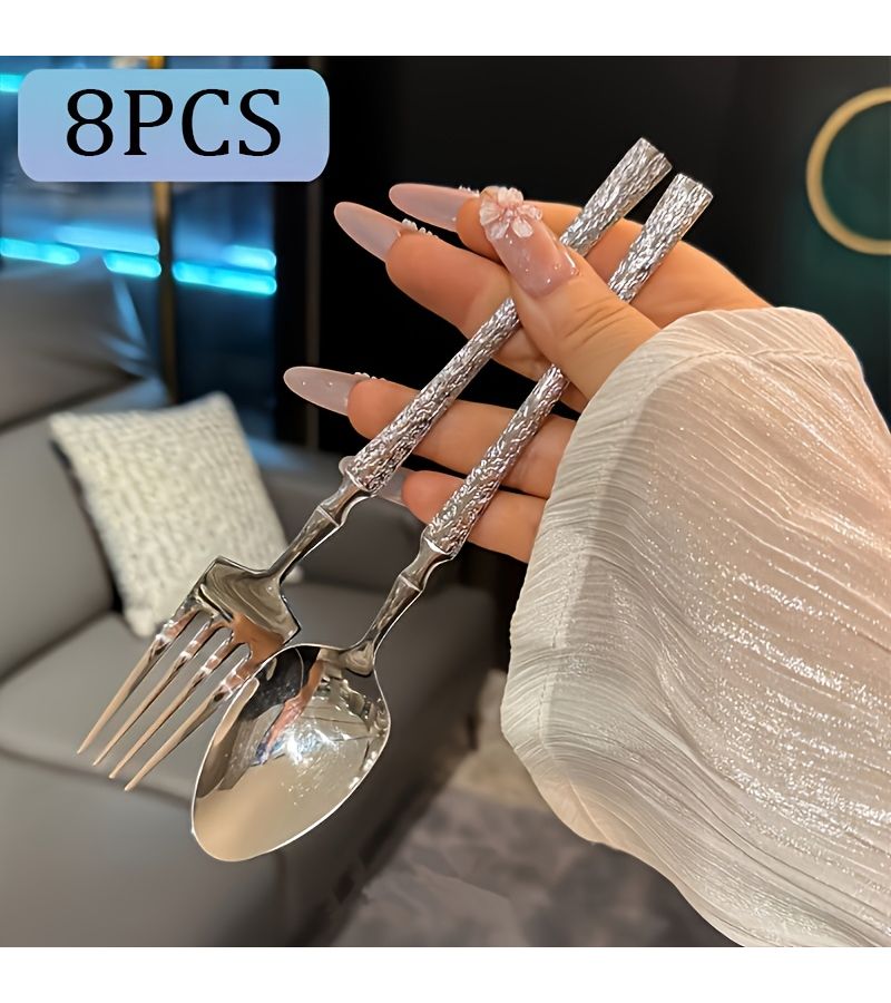 8 Piece Set Premium Stainless Steel Cutlery With Vertical Stripe Handle Western Style Dining Fork And Spoon Multi functional Kitchen Dining Accessory For Home Hotel Restaurant Wedding Party Holiday Christmas Easter Thanksgiving - Image 1
