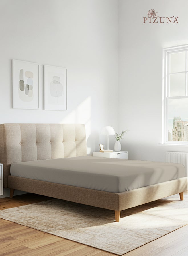 PIZUNA Pure Combed Cotton Fitted Bedsheet Queen Size 160x200 cm Simply Taupe, 400 Thread Count Cool Luxury Soft 100% Long Staple Cotton Sateen Weave, 40cm Deep Pocket Sheet (Fitted Sheet -1PC) - Image 1