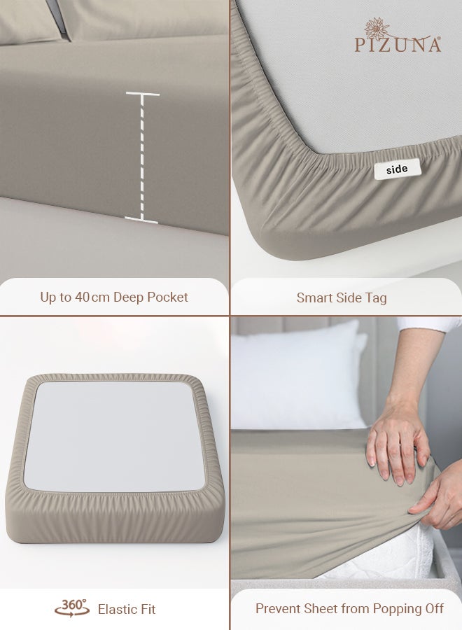 PIZUNA Pure Combed Cotton Fitted Bedsheet Queen Size 160x200 cm Simply Taupe, 400 Thread Count Cool Luxury Soft 100% Long Staple Cotton Sateen Weave, 40cm Deep Pocket Sheet (Fitted Sheet -1PC) - Image 4