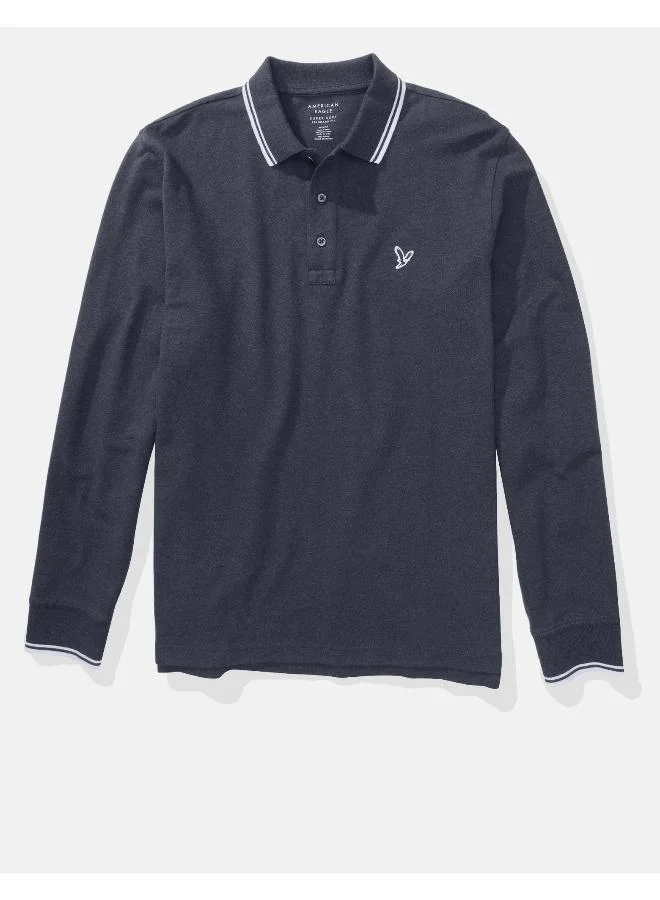 American Eagle AE Long-Sleeve Flex Pique Tipped Polo Shirt