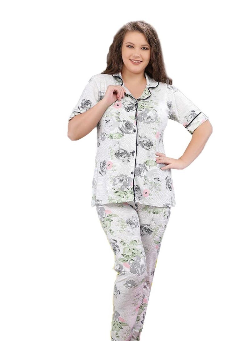 Ganna Women's short-sleeved pyjamas with buttons and summer long pants made of cotton large sizes 