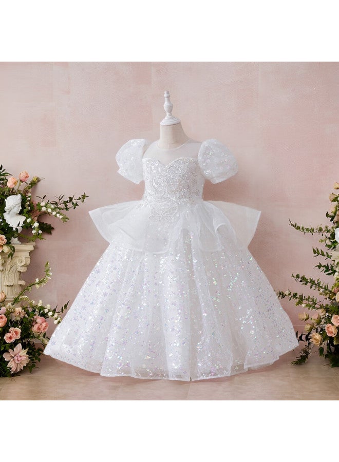 Luobobeibei Girls' Princess Dress Summer Formal Puffy Skirt Children's White Tulle Dress Stage Performance Costume White 140 - Image 1