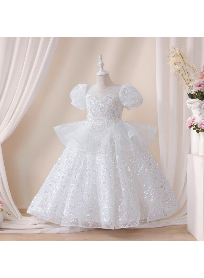 Luobobeibei Girls' Princess Dress Summer Formal Puffy Skirt Children's White Tulle Dress Stage Performance Costume White 140 - Image 3